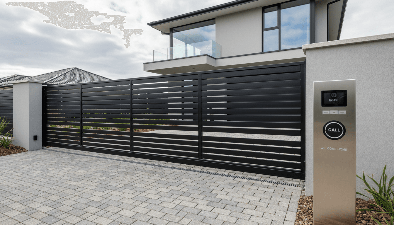 Residential home with automatic sliding gate and intercom system installed