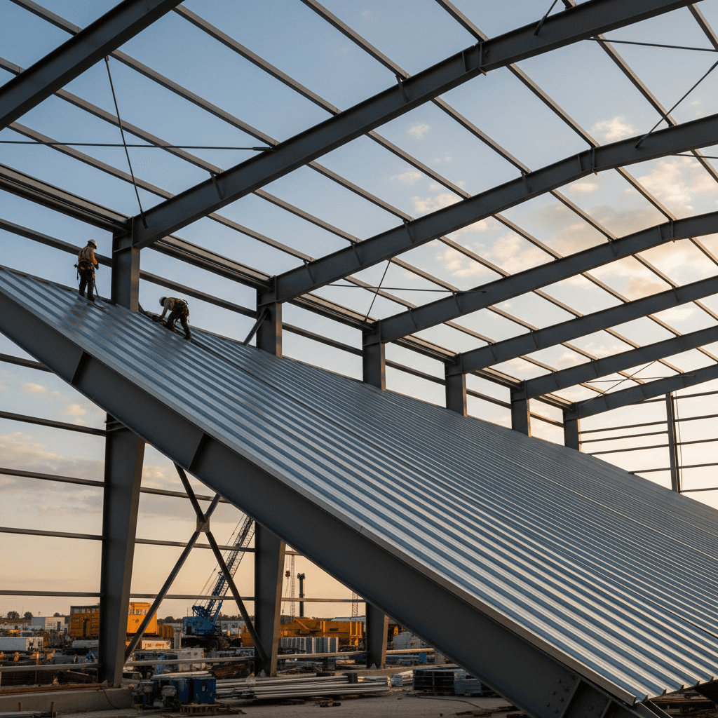 Industrial metal roof installation