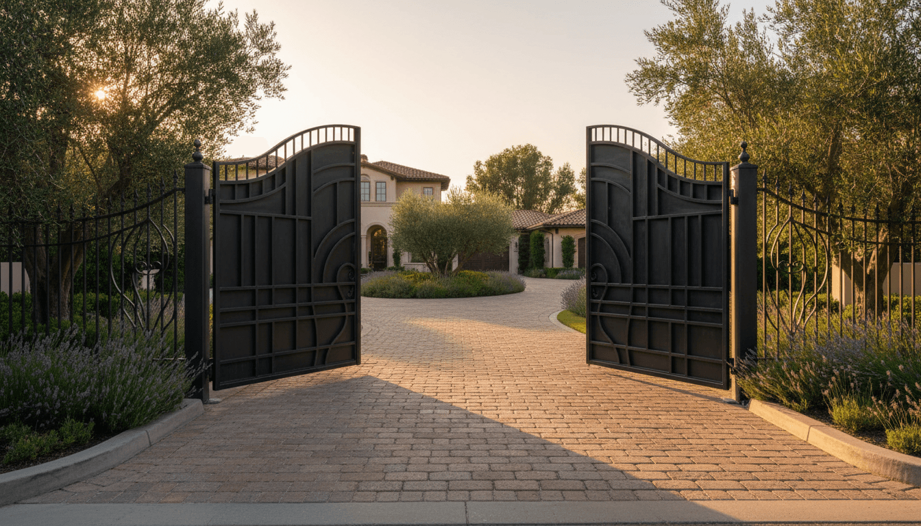 Custom steel security gate with scrollwork at driveway entrance
