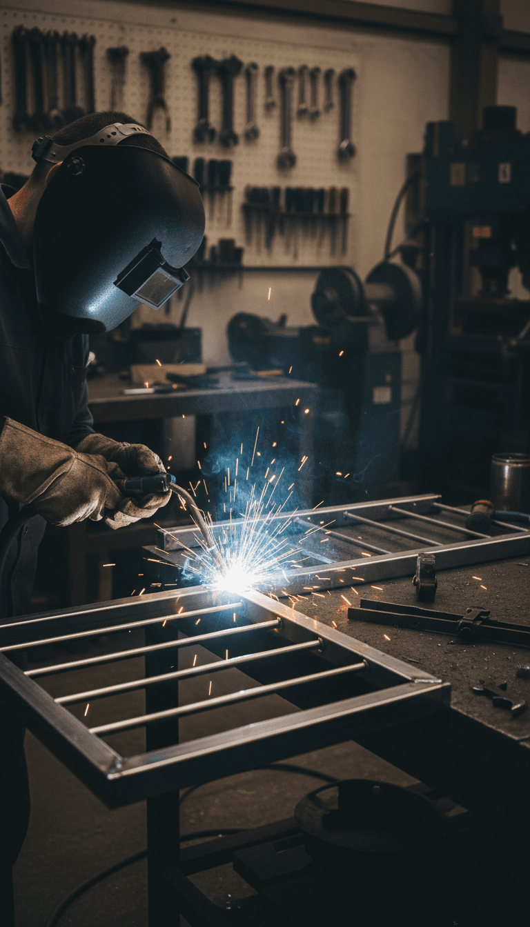 Metal fabricator welding a custom steel gate in a workshop