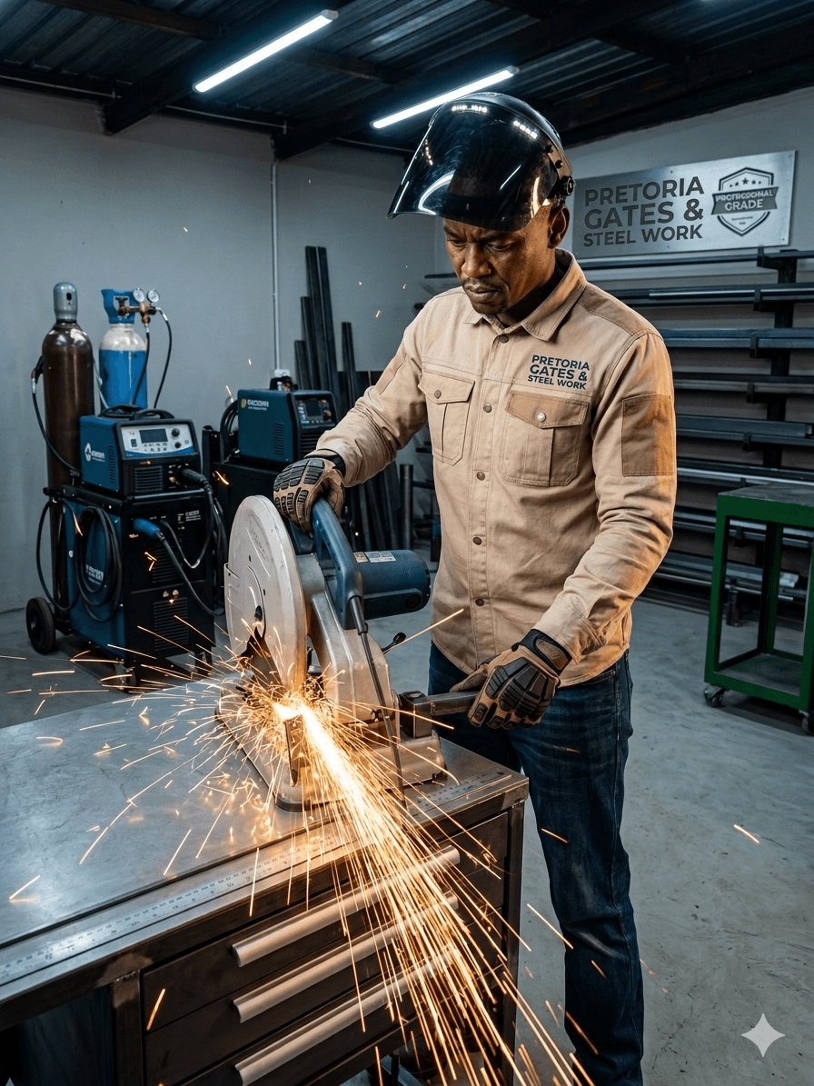 Metalworker using a chop saw to cut steel, sending a shower of bright sparks flying.